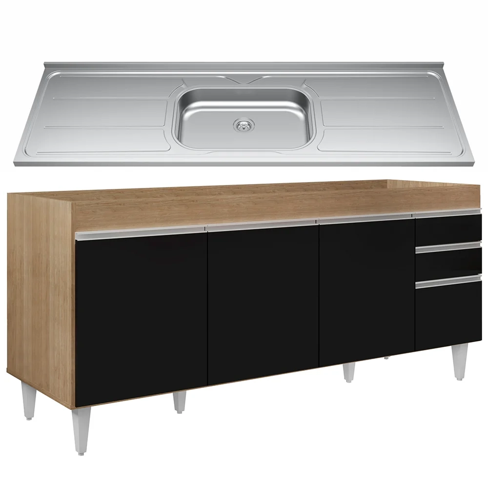 Balcão Gabinete Com Pia 180cm Dallas Castanho/Preto - Lumil