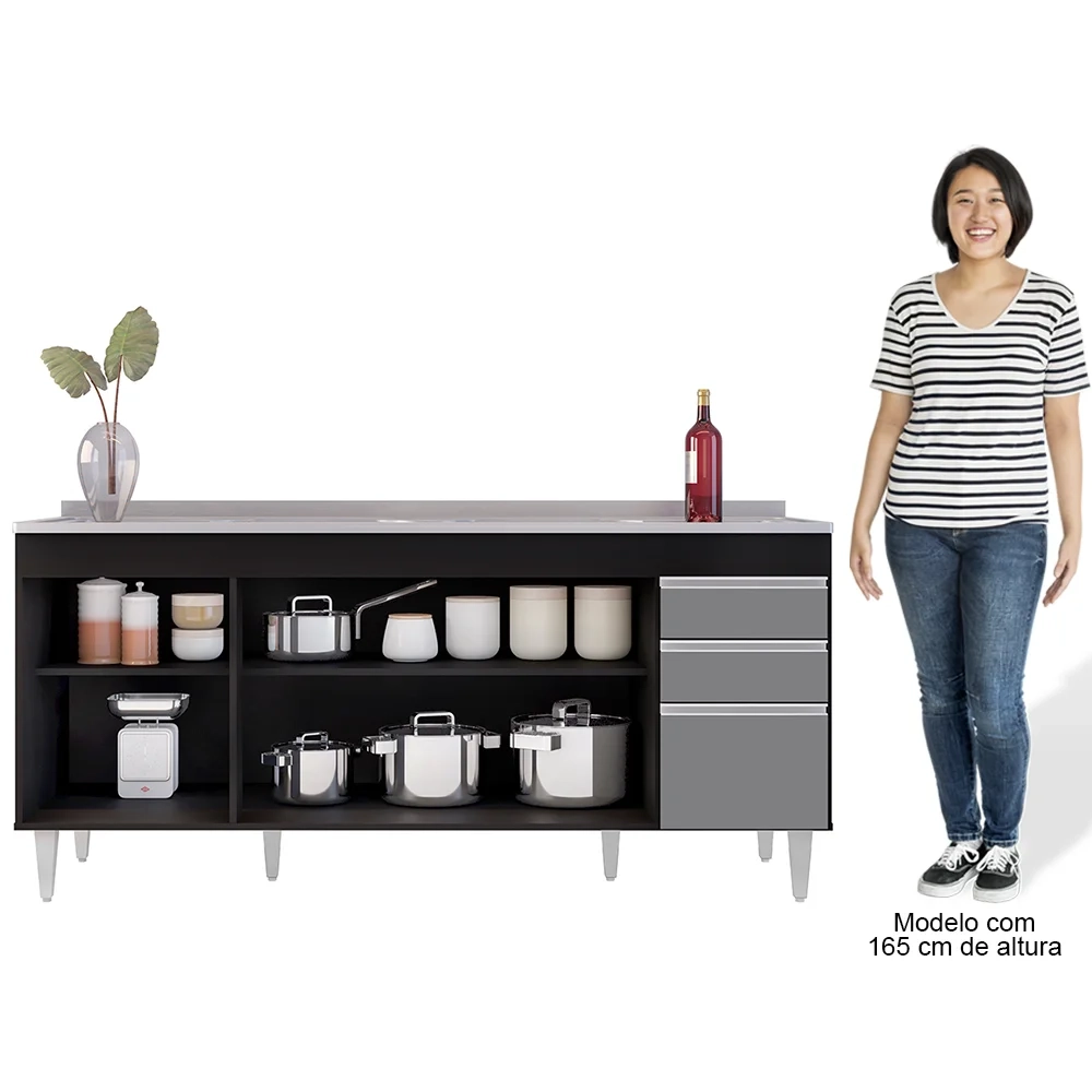 Balcão Gabinete Com Pia 180cm Dallas Preto/Cinza - Lumil