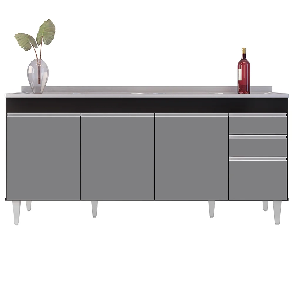 Balcão Gabinete Com Pia 180cm Dallas Preto/Cinza - Lumil