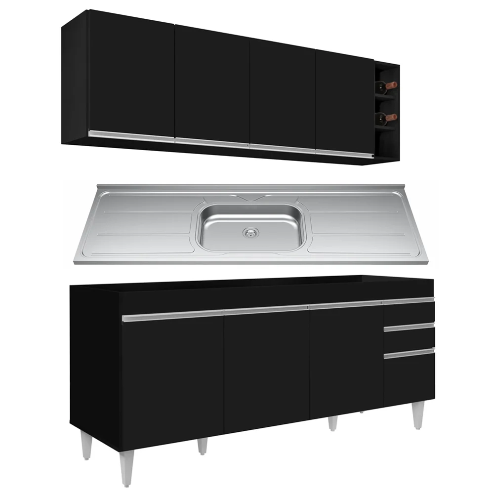 Armário Aéreo Nevada e Balcão Gabinete 180cm Com Pia Dallas Preto - Lumil