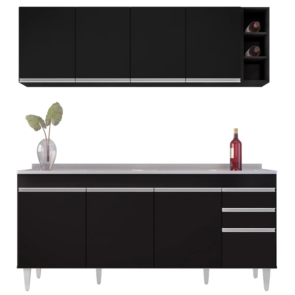 Armário Aéreo Nevada e Balcão Gabinete 180cm Com Pia Dallas Preto - Lumil