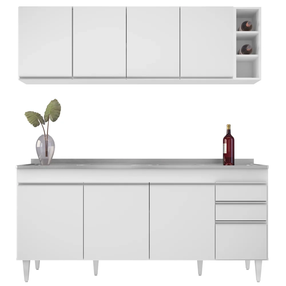 Armário Aéreo Nevada e Balcão Gabinete 180cm Com Pia Dallas Branco - Lumil