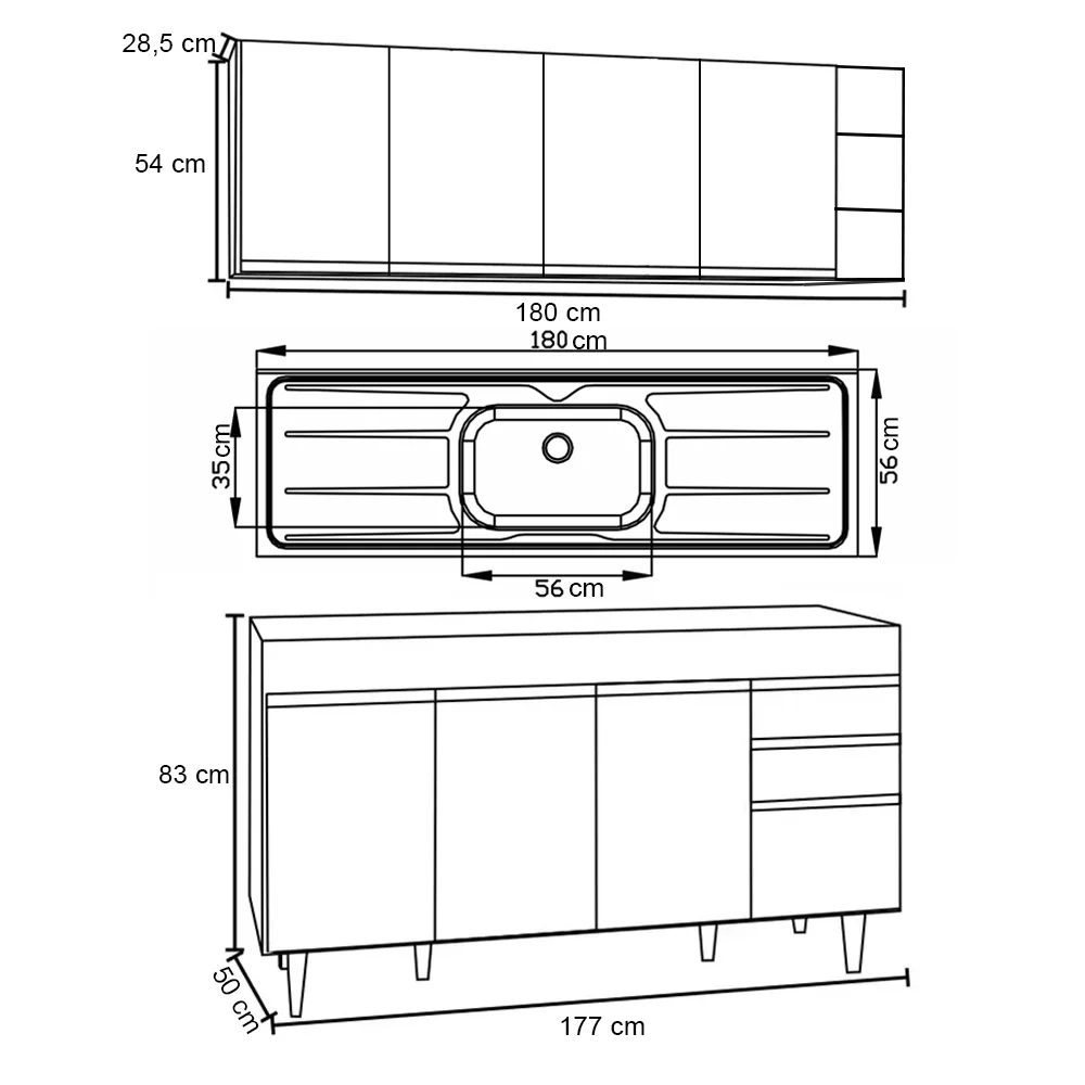 Armário Aéreo Nevada e Balcão Gabinete 180cm Com Pia Dallas Castanho/Cinza - Lumil