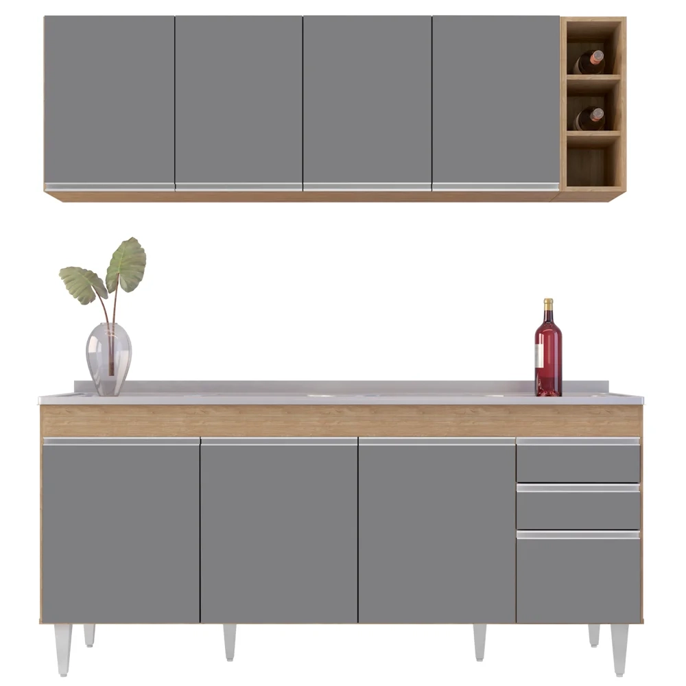 Armário Aéreo Nevada e Balcão Gabinete 180cm Com Pia Dallas Castanho/Cinza - Lumil