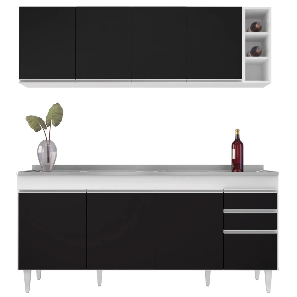 Armário Aéreo Nevada e Balcão Gabinete 180cm Com Pia Dallas Branco/Preto - Lumil