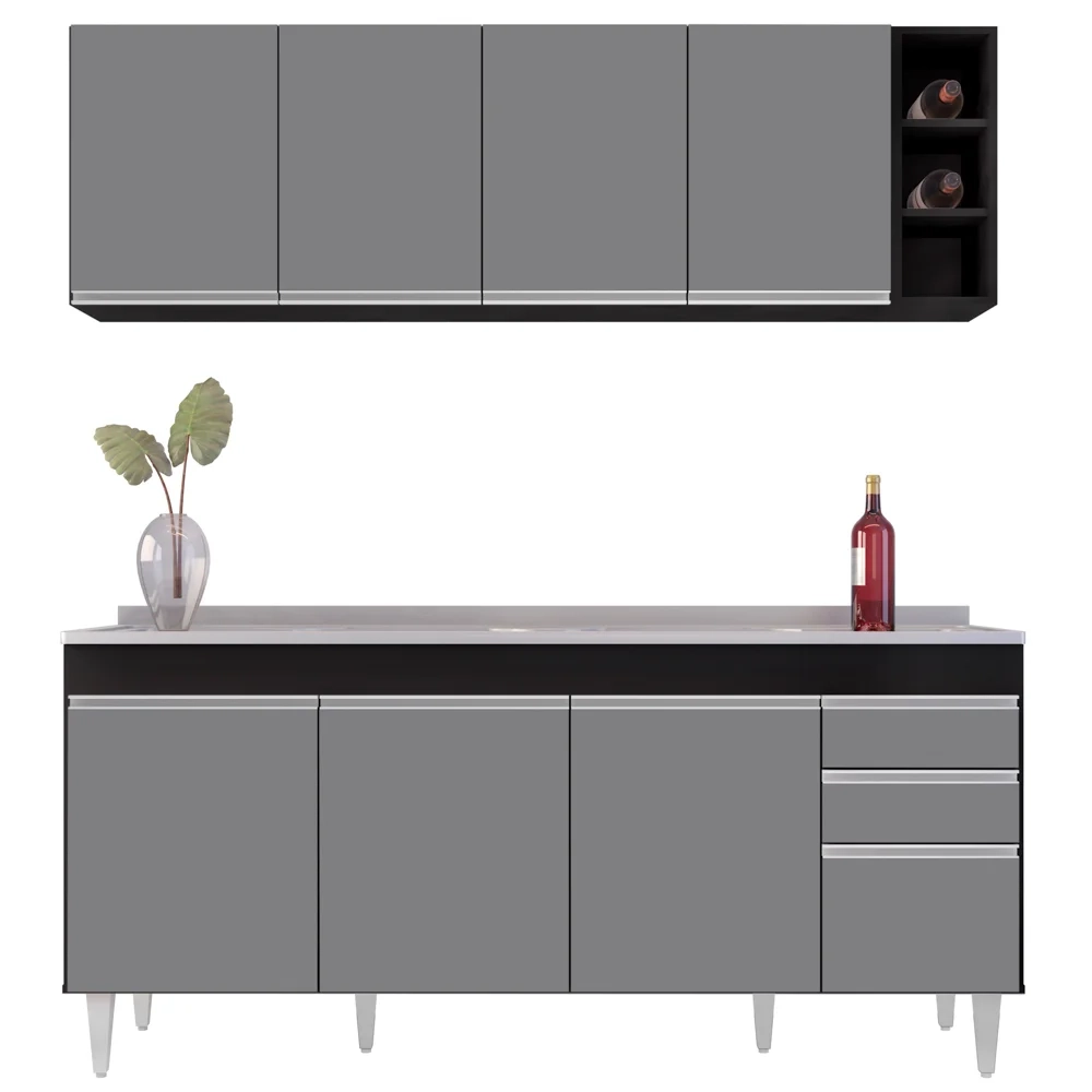 Armário Aéreo Nevada e Balcão Gabinete 180cm Com Pia Dallas Preto/Cinza - Lumil