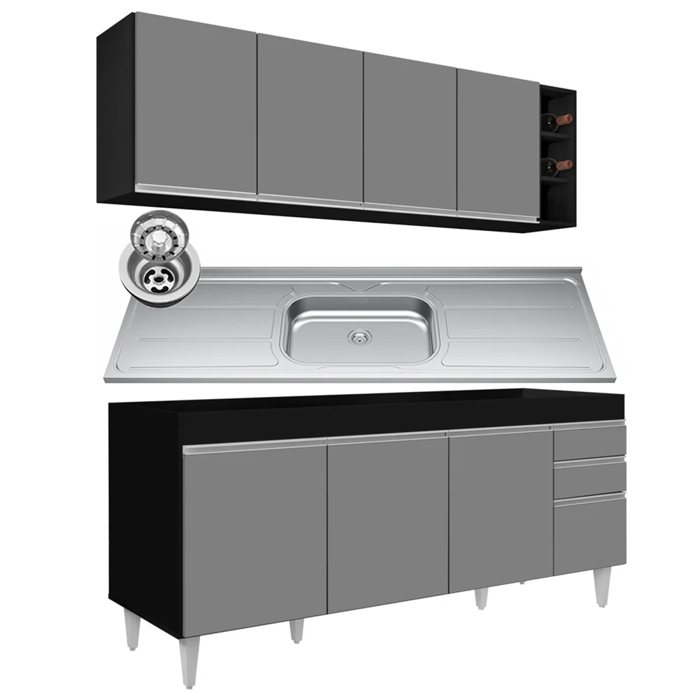 Armário Aéreo Nevada e Balcão Gabinete 180cm Com Pia Dallas Preto/Cinza - Lumil