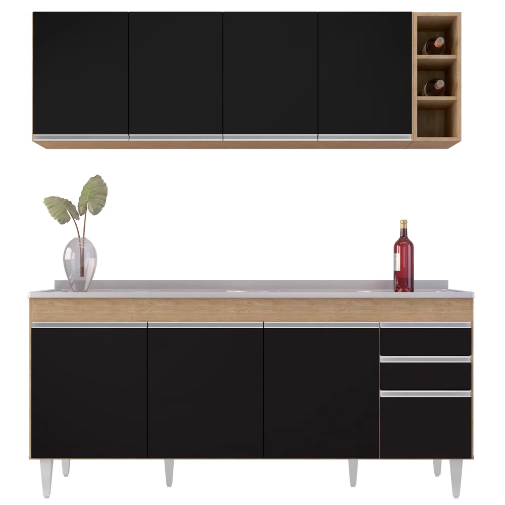 Armário Aéreo Nevada e Balcão Gabinete 180cm Com Pia Dallas Castanho/Preto - Lumil