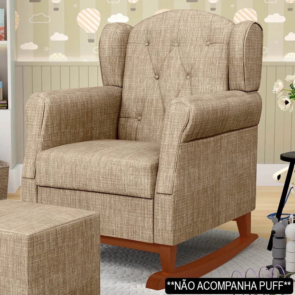 Poltrona de Amamentação Base Madeira Balanço Lucy Z39 Linho Bege Escuro - Mpozenato