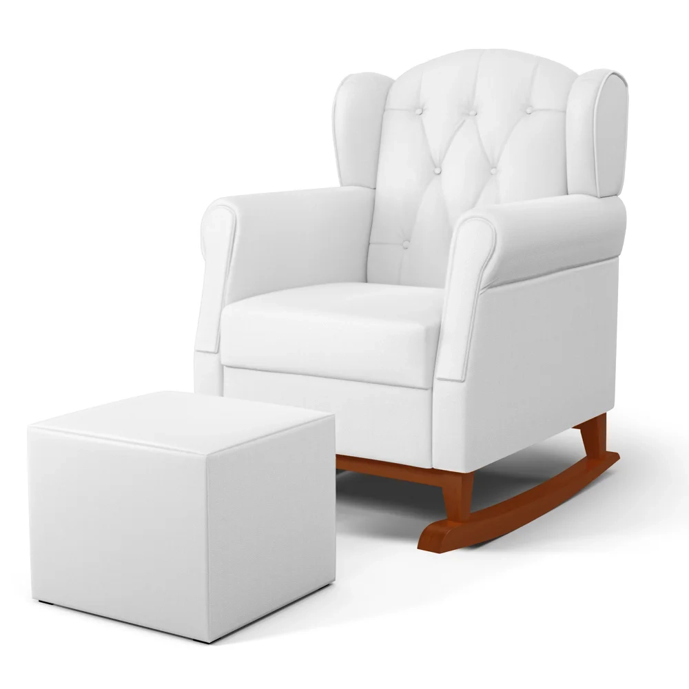Poltrona Amamentação Base Madeira Balanço e Puff Lucy Z39 Sintético Branco - Mpozenato