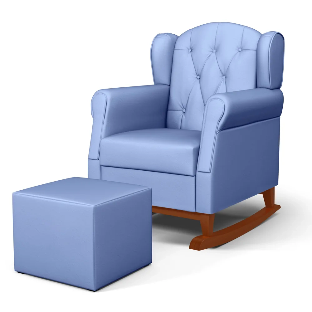 Poltrona Amamentação Base Madeira Balanço e Puff Lucy Z39 Sintético Azul - Mpozenato