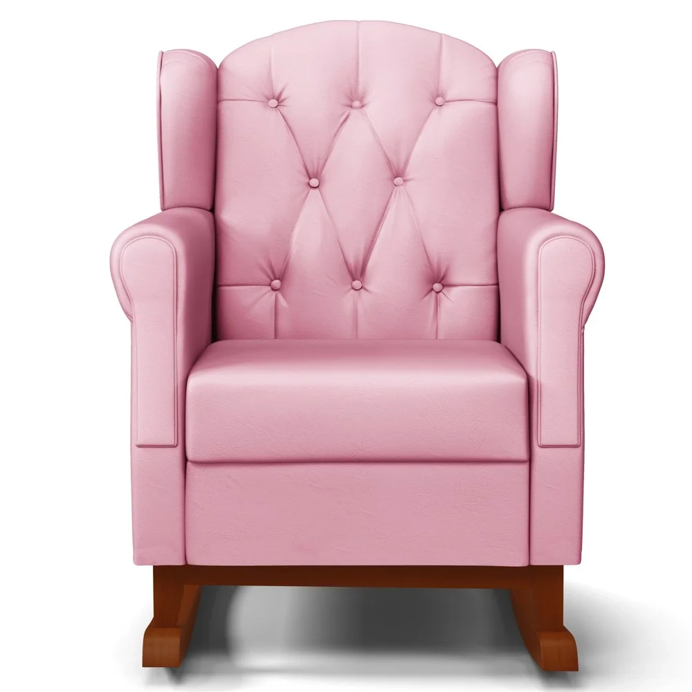 Poltrona Amamentação Base Madeira Balanço e Puff Lucy Z39 Sintético Rosa - Mpozenato