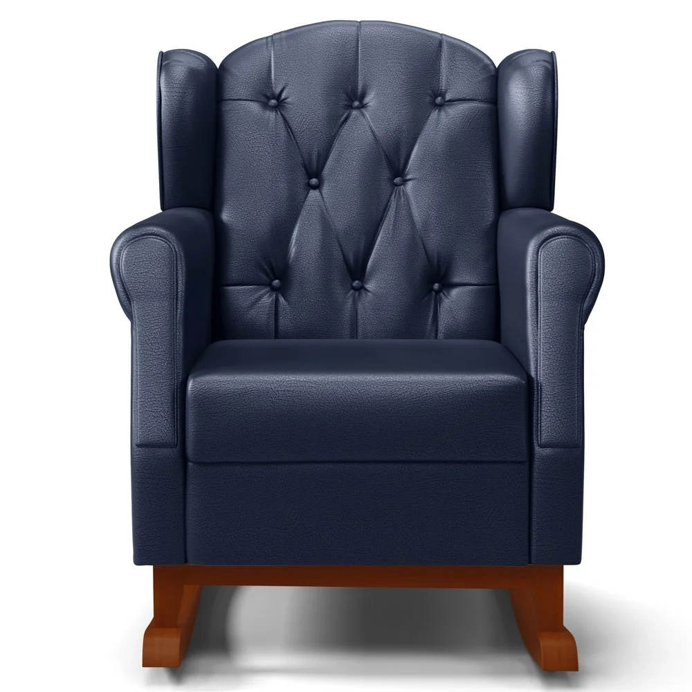 Poltrona Amamentação Base Madeira Balanço e Puff Lucy Z39 Sintético Azul Marinho - Mpozenato