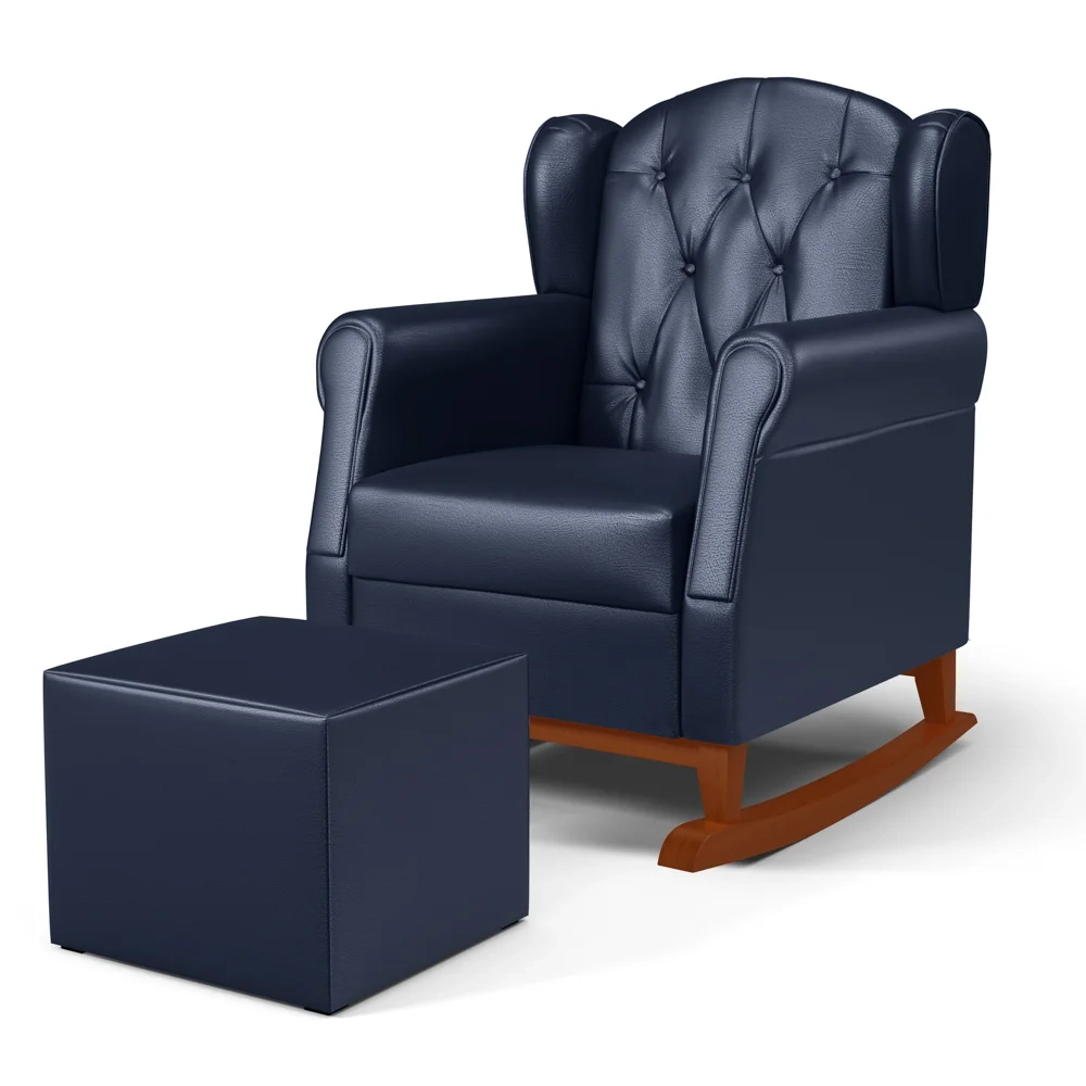 Poltrona Amamentação Base Madeira Balanço e Puff Lucy Z39 Sintético Azul Marinho - Mpozenato