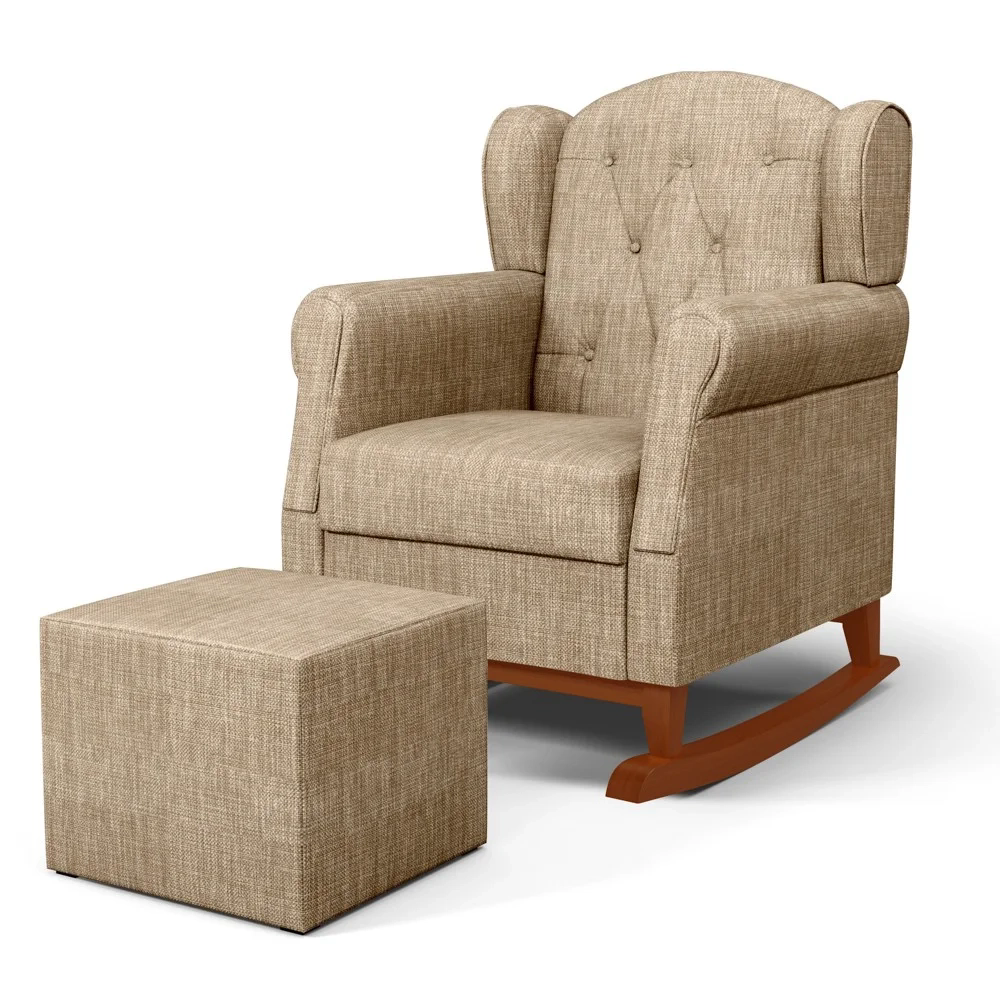 Poltrona Amamentação Base Madeira Balanço e Puff Lucy Z39 Linho Bege Escuro - Mpozenato