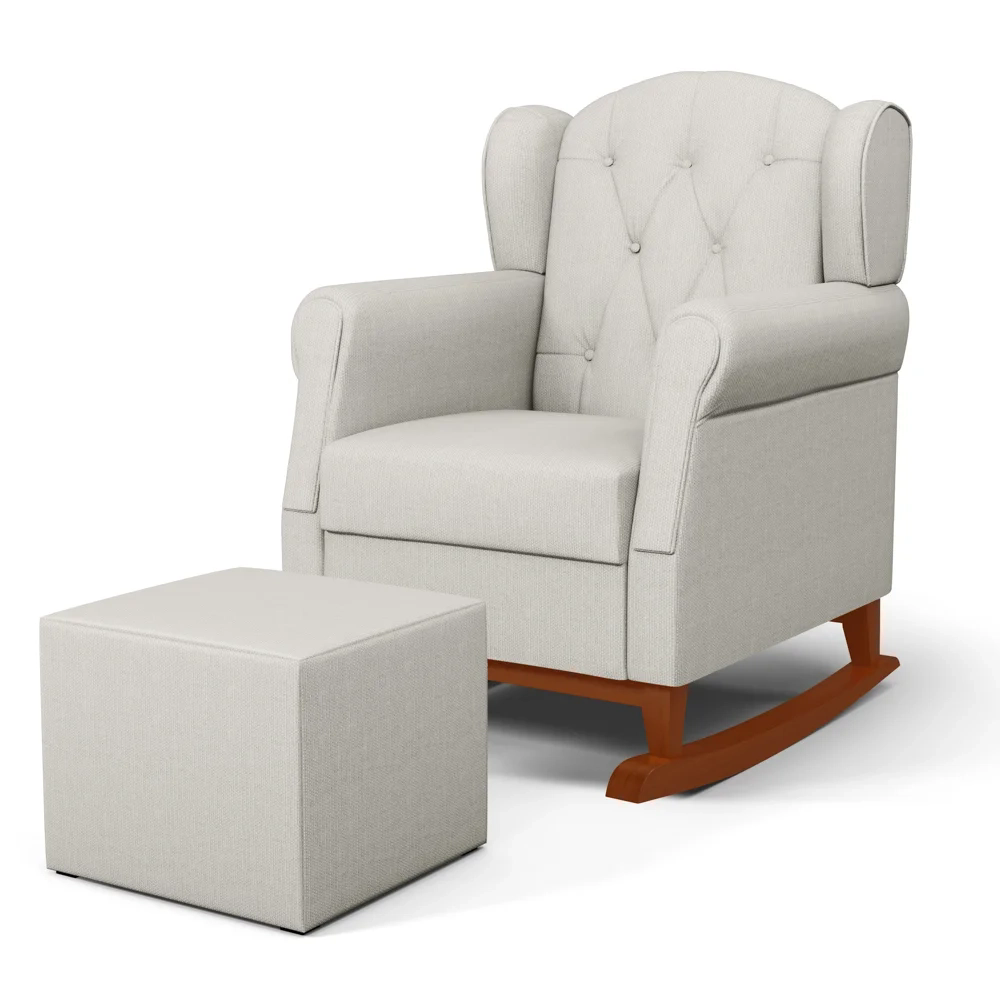 Poltrona Amamentação Base Madeira Balanço e Puff Lucy Z39 Linho Off White - Mpozenato