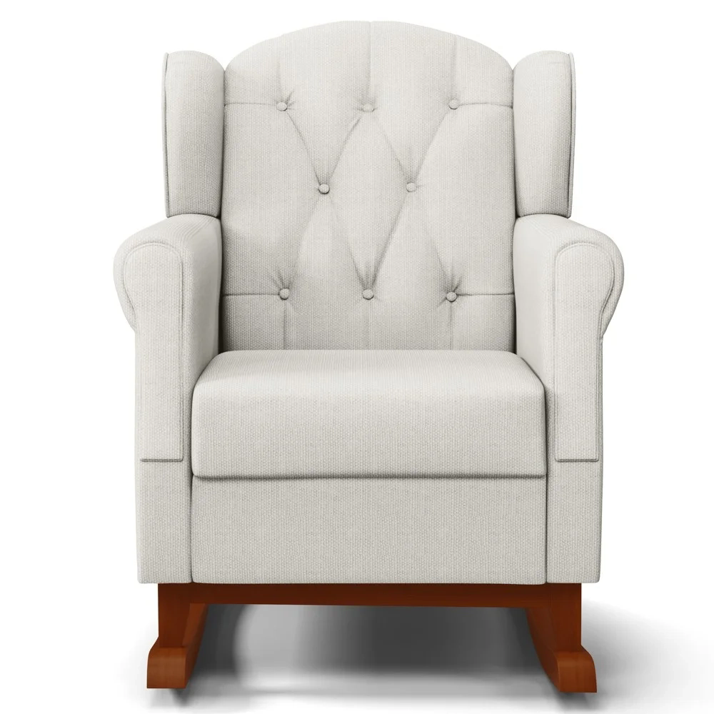 Poltrona Amamentação Base Madeira Balanço e Puff Lucy Z39 Linho Off White - Mpozenato