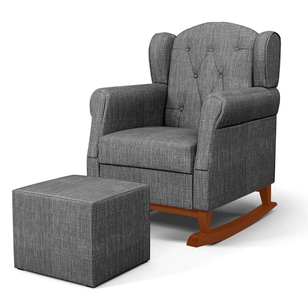 Poltrona Amamentação Base Madeira Balanço e Puff Lucy Z39 Linho Cinza Escuro - Mpozenato