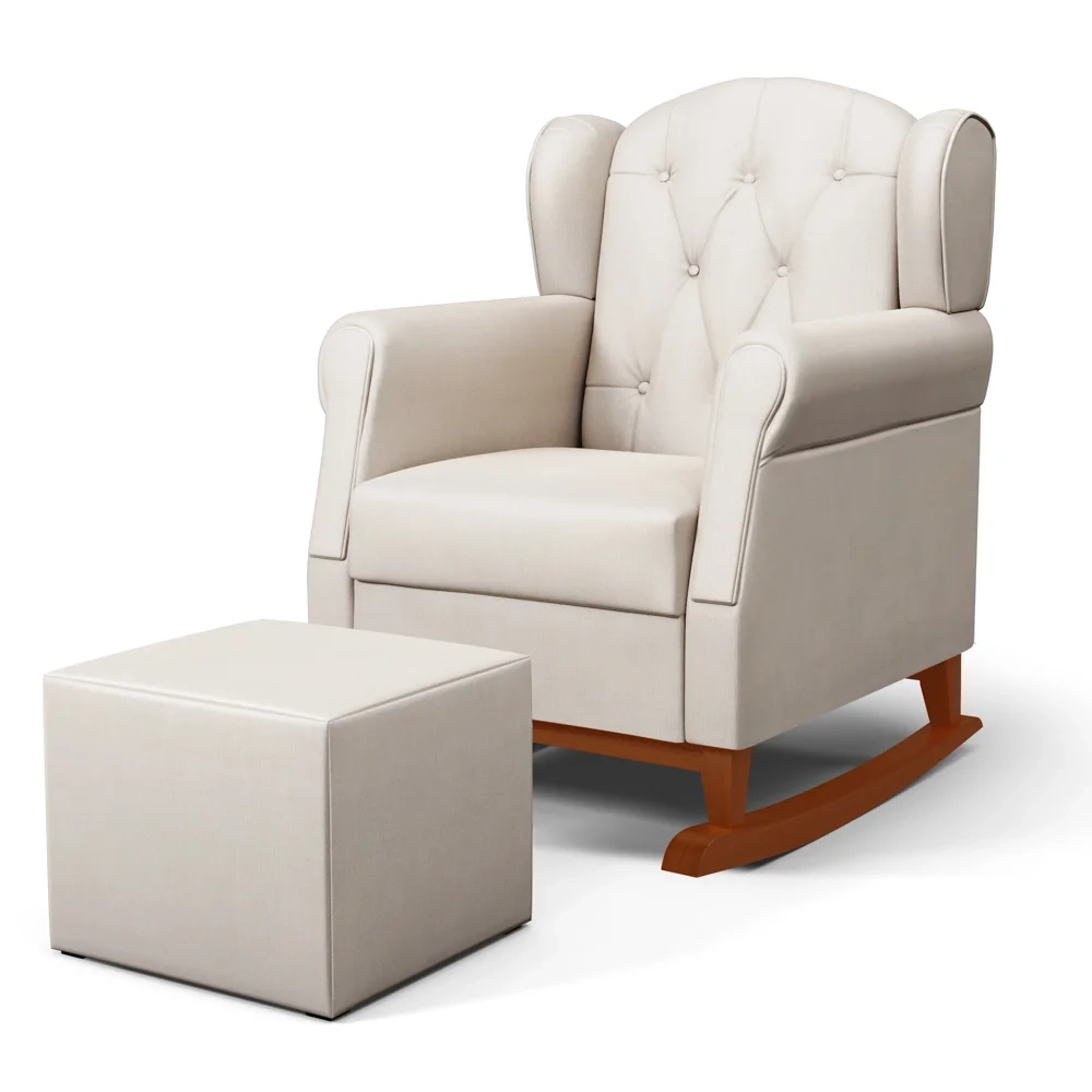 Poltrona Amamentação Base Madeira Balanço e Puff Lucy Z39 Suede Bege - Mpozenato
