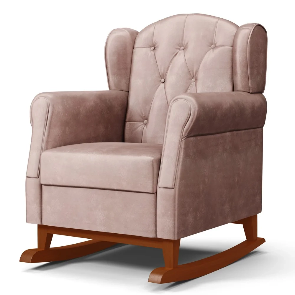 Poltrona Amamentação Base Madeira Balanço e Puff Lucy Z39 Veludo Rosê - Mpozenato
