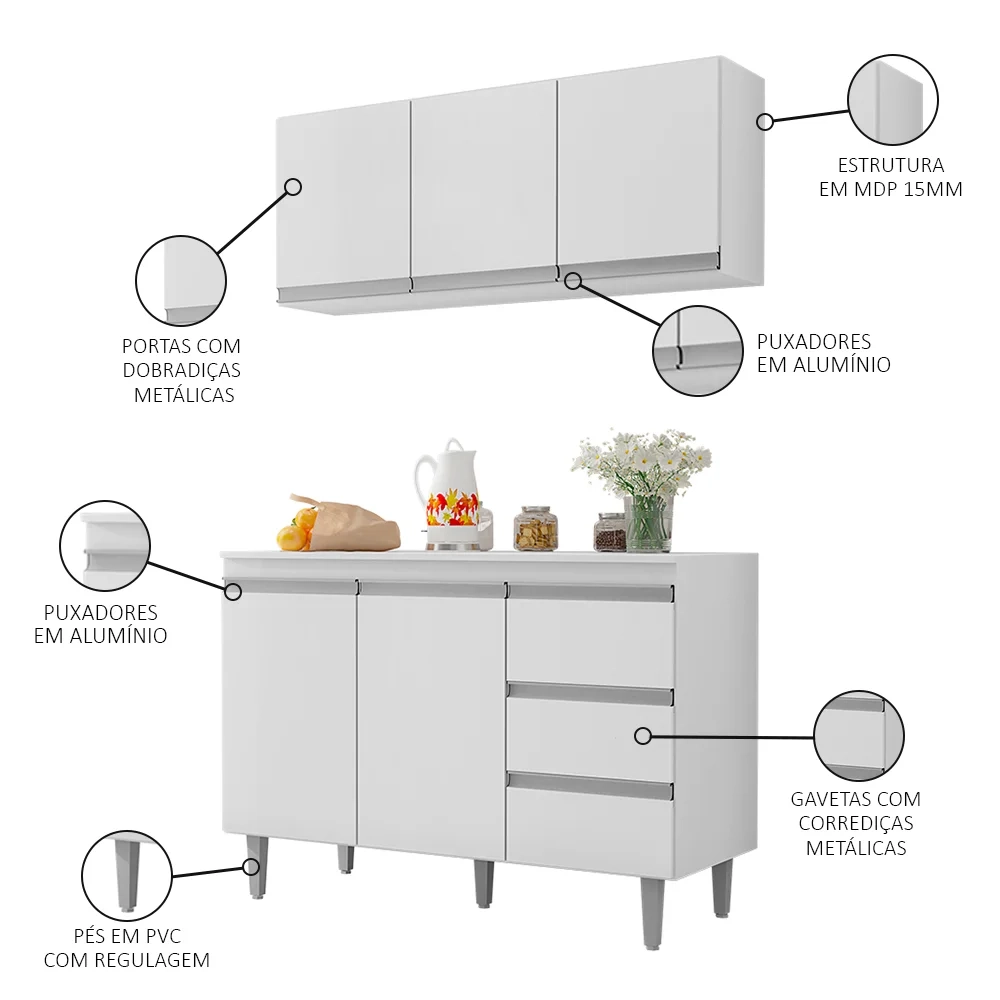 Armário Aéreo e Balcão Gabinete com Tampo 120cm Andréia Branco - AJL Móveis