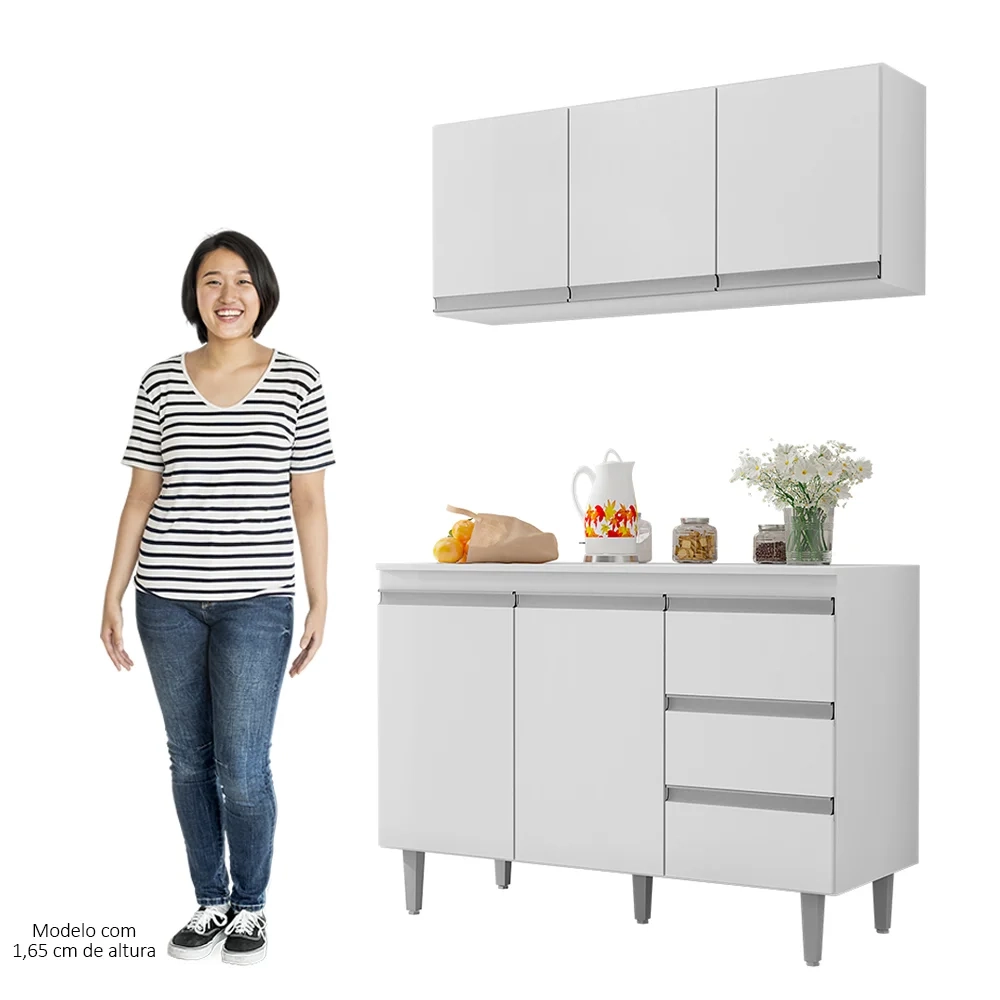 Armário Aéreo e Balcão Gabinete com Tampo 120cm Andréia Branco - AJL Móveis