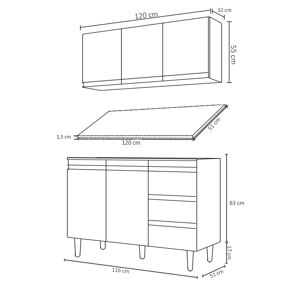 Armário Aéreo e Balcão Gabinete com Tampo 120cm Andréia Branco - AJL Móveis