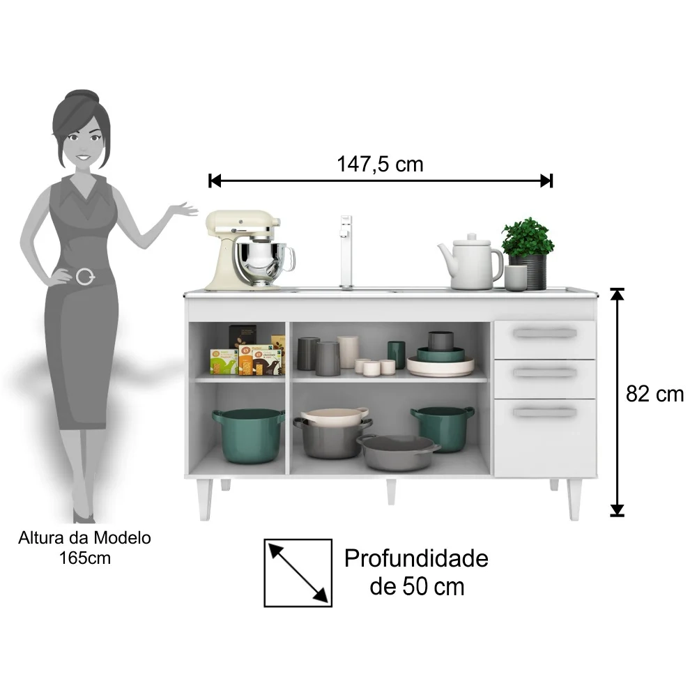 Balcão Gabinete Lis com Pia Inox 150cm 4 Portas L03 Branco - Mpozenato