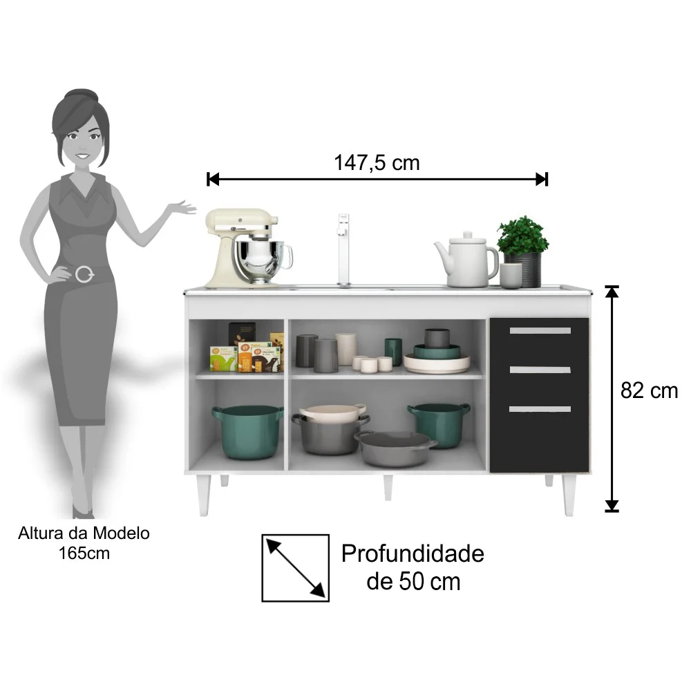 Balcão Gabinete Lis com Pia Inox 150cm 4 Portas L03 Branco/Preto - Mpozenato
