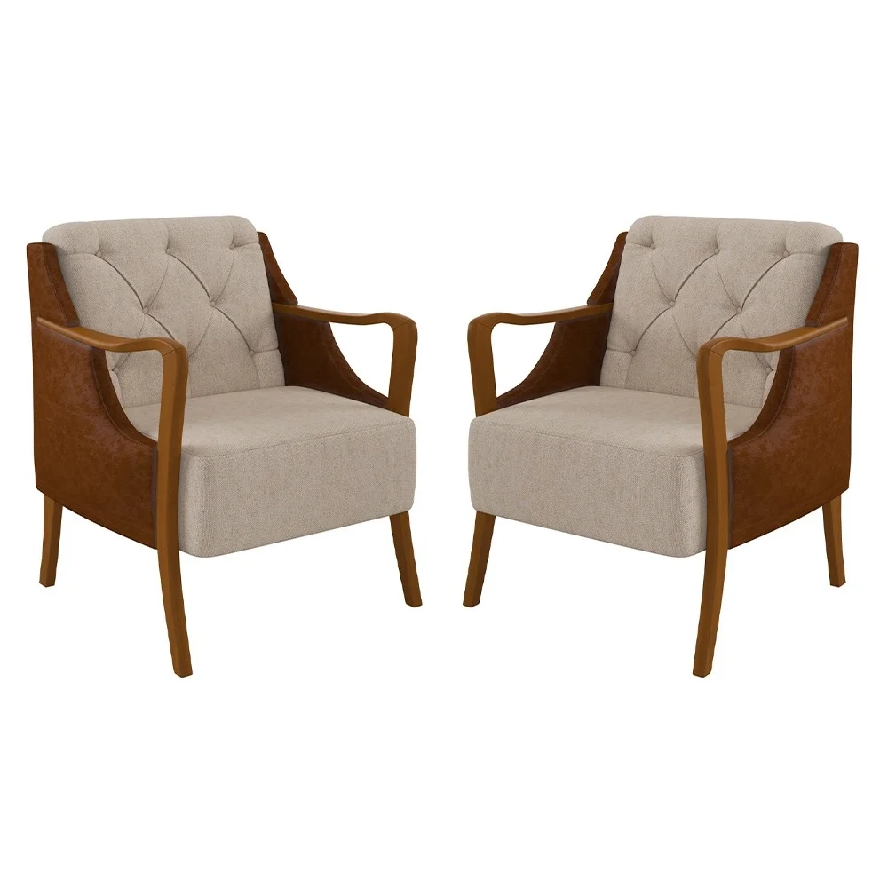 Kit 2 Poltronas Decorativas para Sala de Estar Capitonê Lapa Z32 PU Camel/Linho Cru - Mpozenato