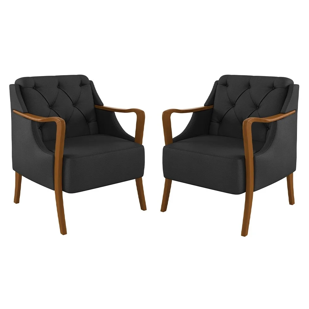 Kit 2 Poltronas Decorativas para Sala de Estar Capitonê Lapa Z32 PU Preto - Mpozenato