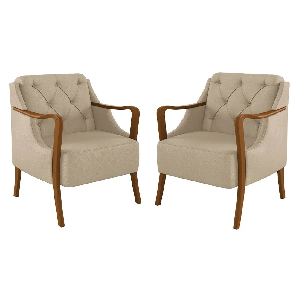 Kit 2 Poltronas Decorativas para Sala de Estar Capitonê Lapa Z32 PU Bege - Mpozenato