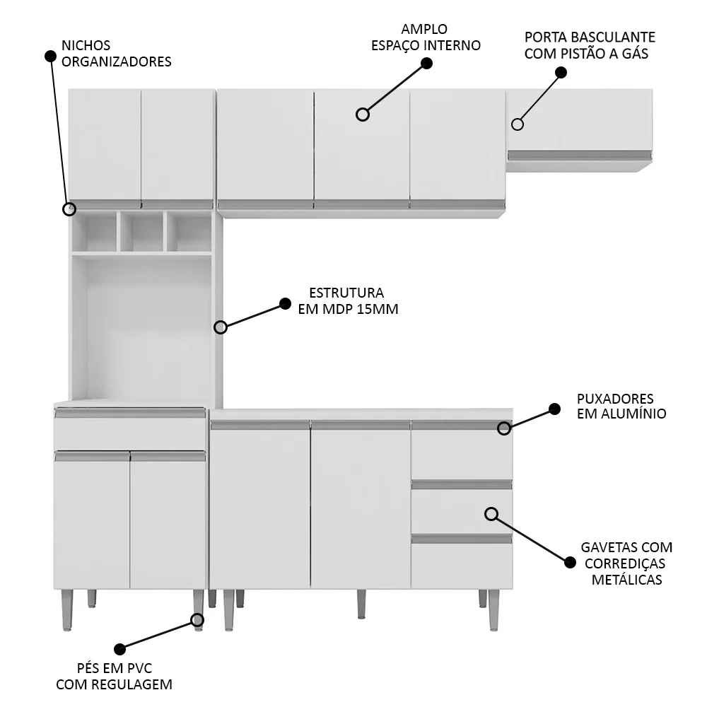 Cozinha Modulada 4 Peças Balcão sem Tampo 120cm Andréia Branco - AJL Móveis