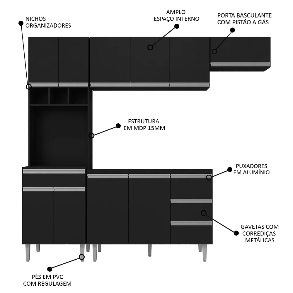 Cozinha Modulada 4 Peças Balcão sem Tampo 120cm Andréia Preto - AJL Móveis