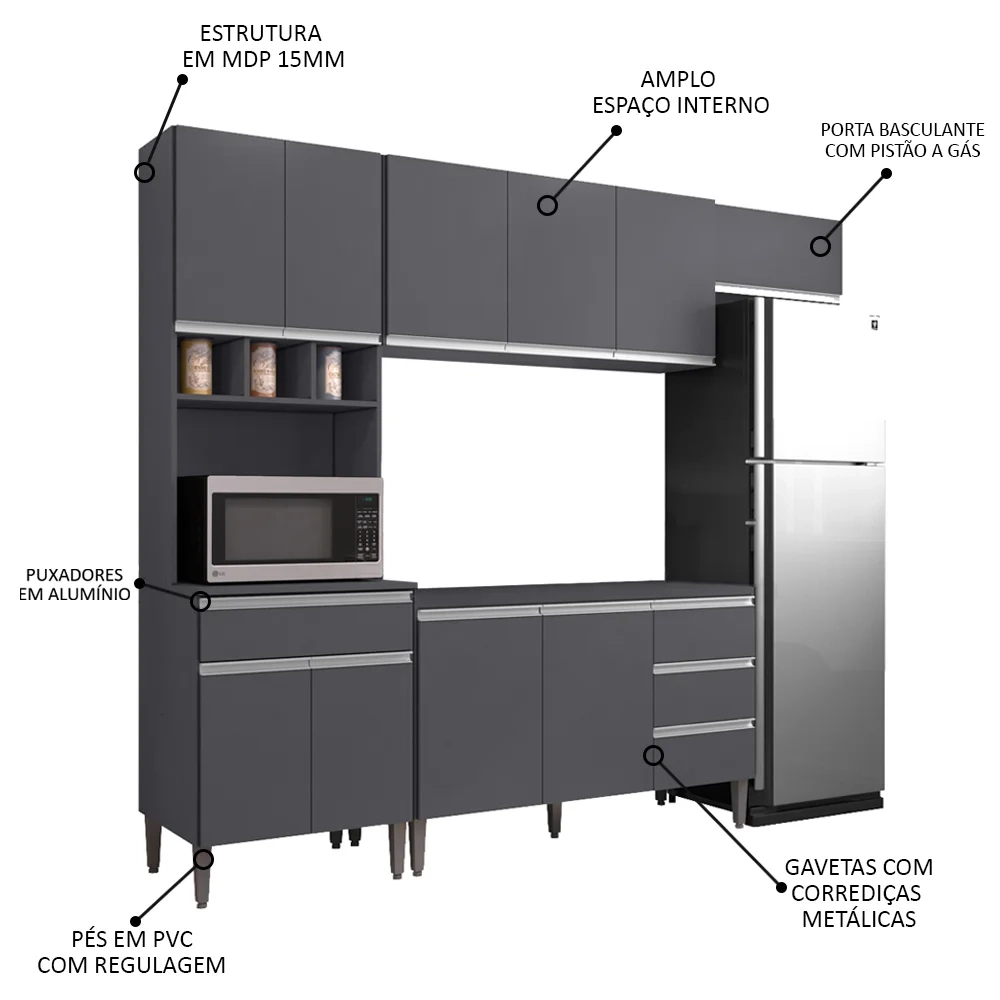 Cozinha Modulada 4 Peças Balcão sem Tampo 120cm Andréia Cinza - AJL Móveis