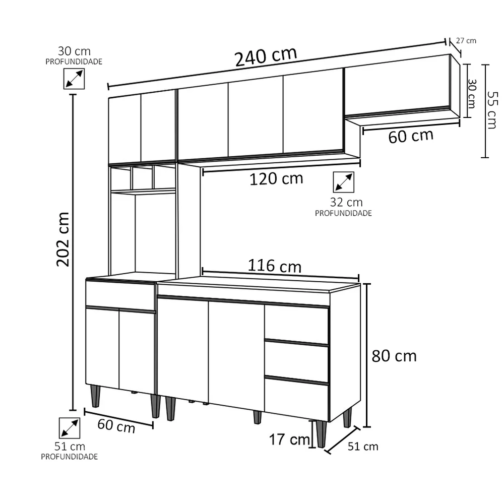Cozinha Modulada 4 Peças Balcão sem Tampo 120cm Andréia Cinza - AJL Móveis