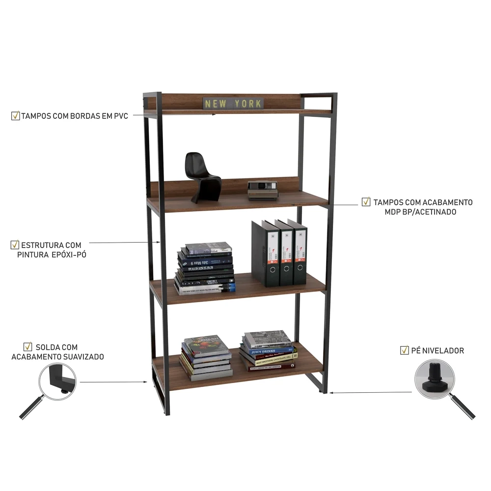 Estante Livreiro Prisma Estilo Industrial 80cm 4 Prateleiras C08 Nogal - Mpozenato