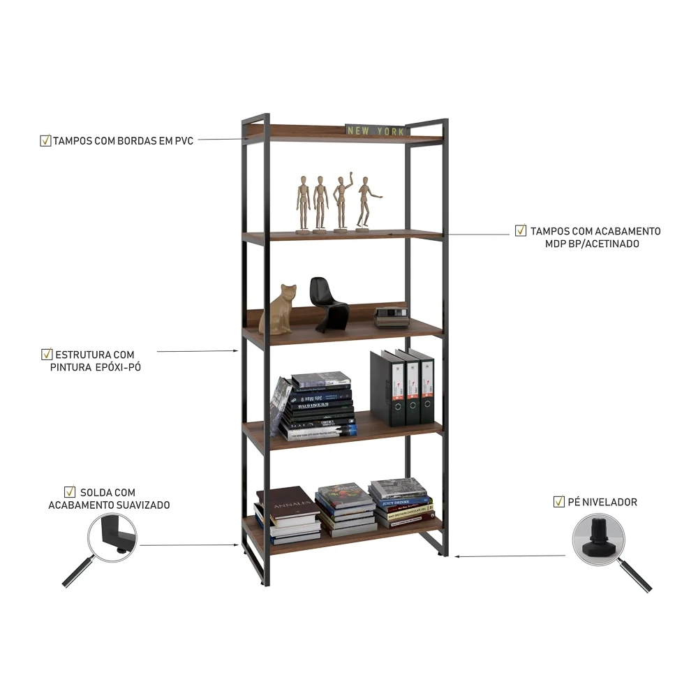 Estante Livreiro Prisma Estilo Industrial 80cm 5 Prateleiras C08 Nogal - Mpozenato