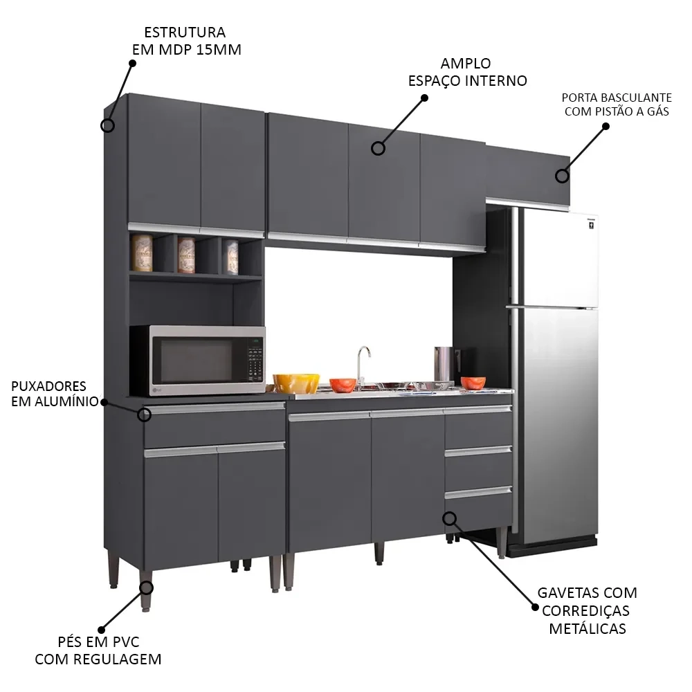 Cozinha Modulada 5 Peças Balcão com Pia 120cm Andréia Cinza- AJL Móveis