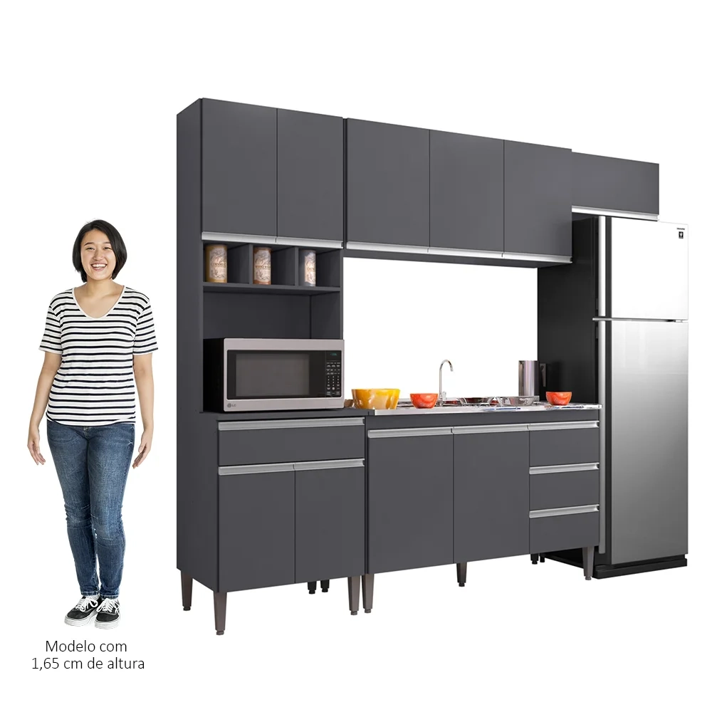 Cozinha Modulada 5 Peças Balcão com Pia 120cm Andréia Cinza- AJL Móveis