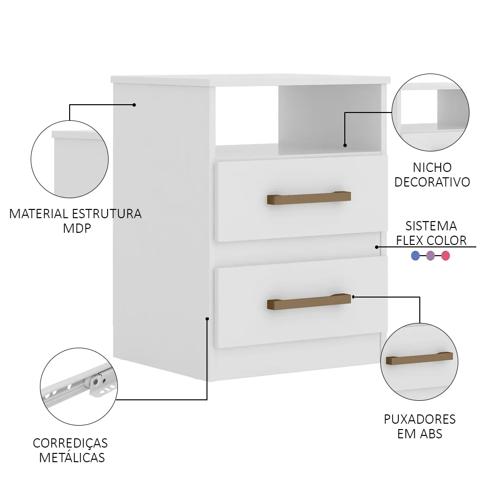Kit 2 Mesas de Cabeceira 2 Gavetas Apolo Branco/Rosa/Azul/Lilás - Moval