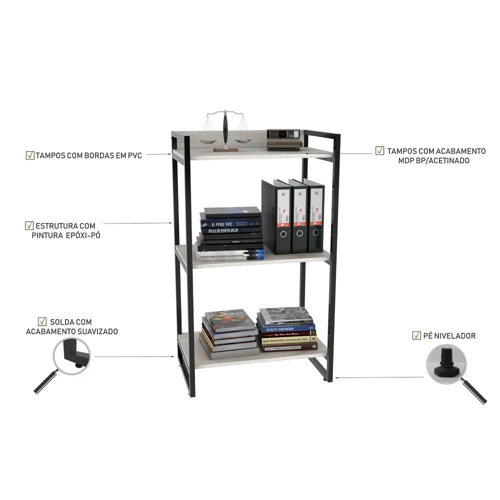 Kit 2 Estantes Livreiro Prisma Estilo Industrial 60cm 3 Prateleiras C08 Snow - Mpozenato
