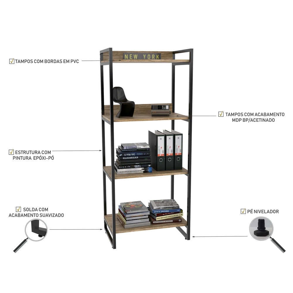 Kit 2 Estante Livreiro Prisma Estilo Industrial 60cm 4 Prateleiras C08 Carvalho - Mpozenato