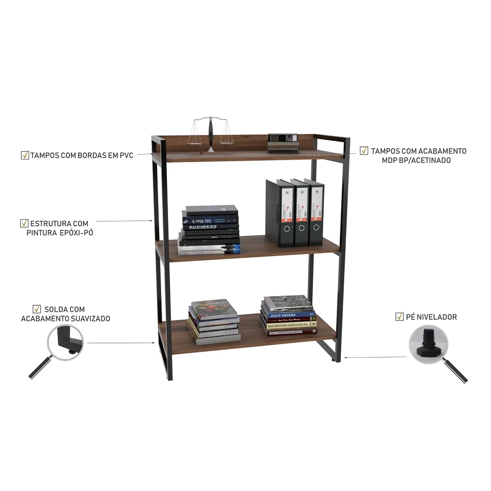 Kit 2 Estantes Livreiro Prisma Estilo Industrial 80cm 3 Prateleiras C08 Nogal - Mpozenato