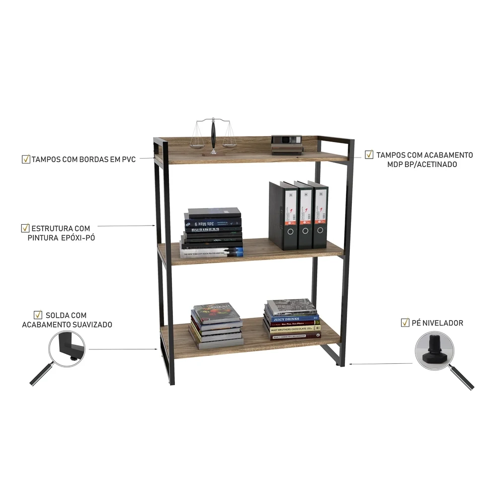 Kit 3 Estantes Livreiro Prisma Estilo Industrial 80cm 3 Prateleiras C08 Carvalho - Mpozenato