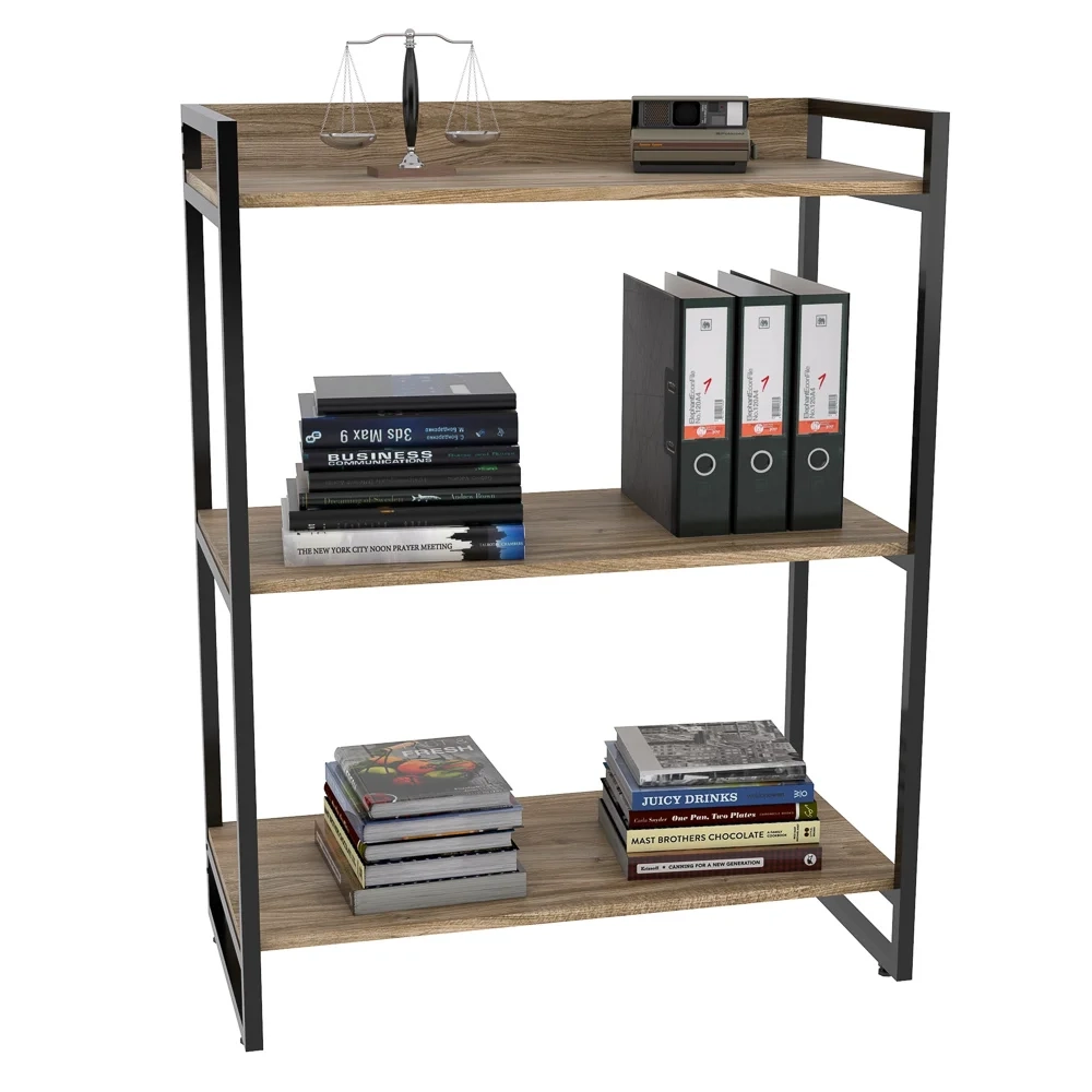 Kit 3 Estantes Livreiro Prisma Estilo Industrial 80cm 3 Prateleiras C08 Carvalho - Mpozenato