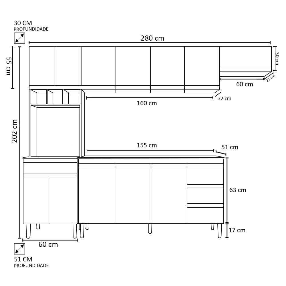 Cozinha Modulada 4 Peças Balcão sem Tampo 160cm Andréia Cinza - AJL Móveis