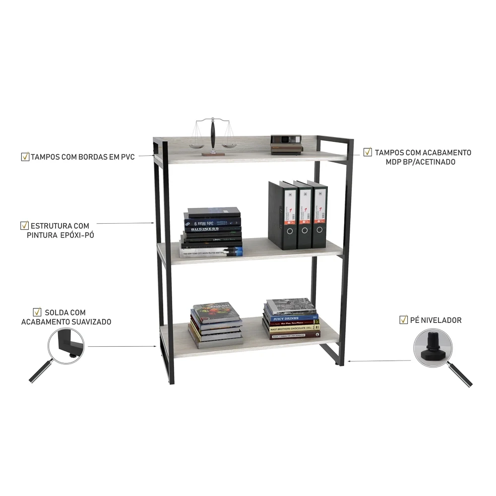 Kit 3 Estantes Livreiro Prisma Estilo Industrial 80cm 3 Prateleiras C08 Snow - Mpozenato