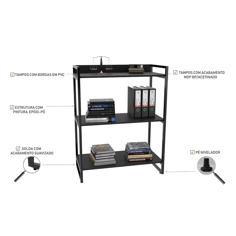 Kit 3 Estantes Livreiro Prisma Estilo Industrial 80cm 3 Prateleiras C08 Preto Onix - Mpozenato