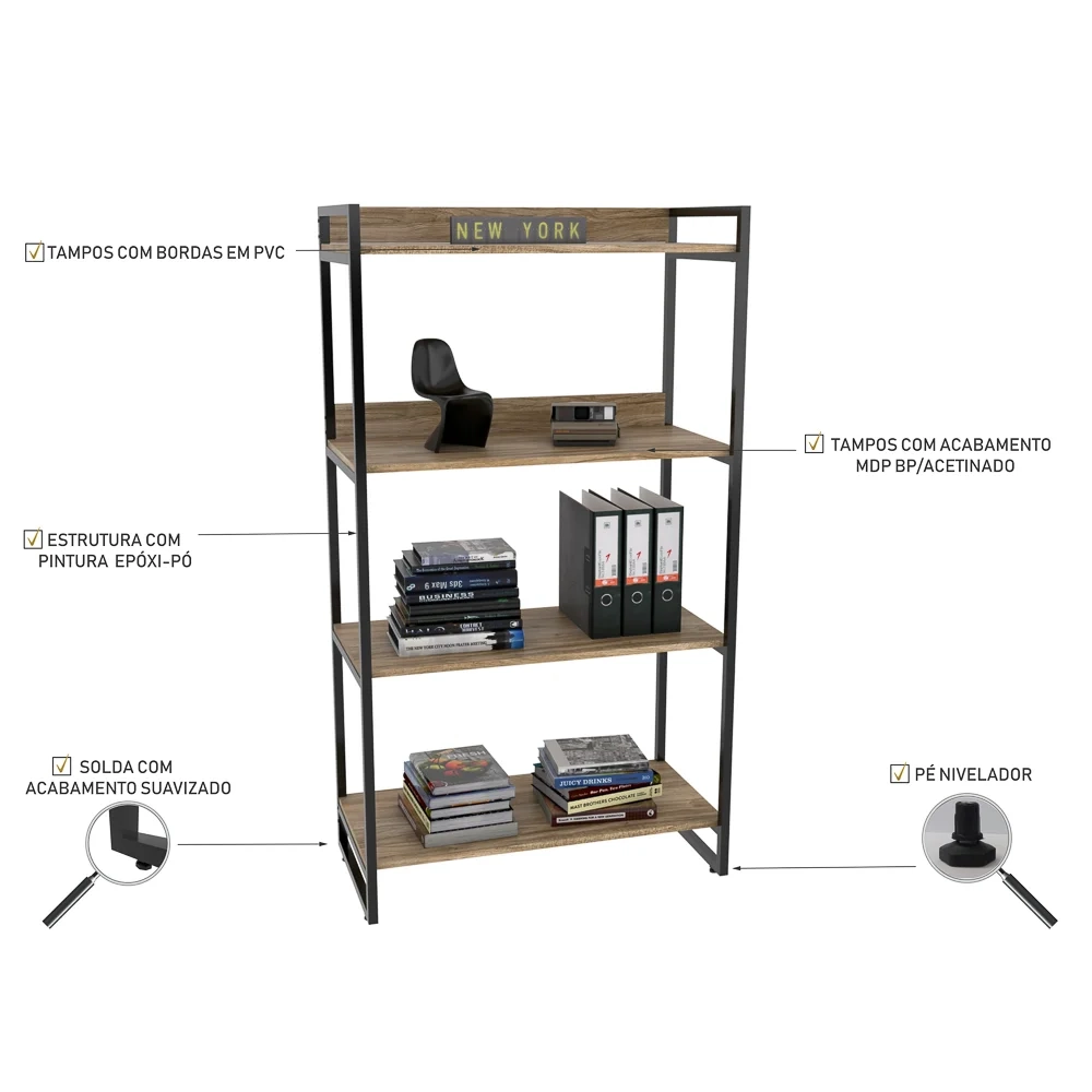 Kit 2 Estantes Livreiro Prisma Estilo Industrial 80cm 4 Prateleiras C08 Carvalho - Mpozenato